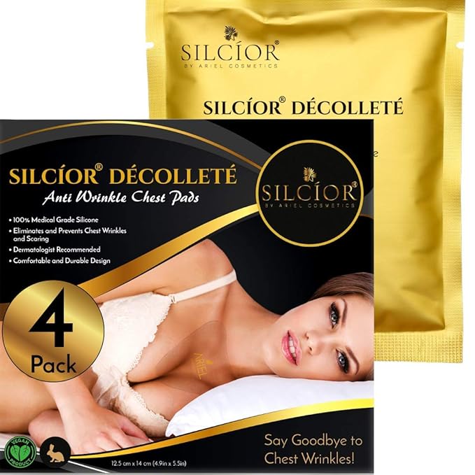 SILCIOR 4 PACK Chest Wrinkle Pads, Silicone Chest Wrinkle Pad, Decollete Anti Wrinkle Chest Pads, Chest Wrinkle Pads Sleeping Reusable, Chest Patches for Wrinkles, Smoothing Pads