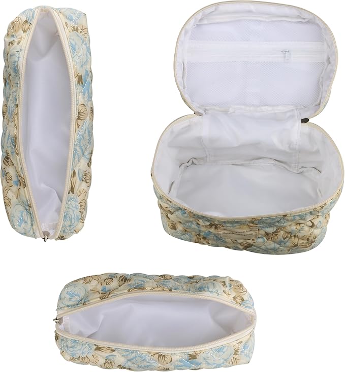 Dual Layer Cute Makeup Bag for Women(3 Pcs), Quilted Floral Coquette Aesthetic Make up Bags, Travel Cosmetic Bags Toiletry Organizer Bag(Blue Leaf)