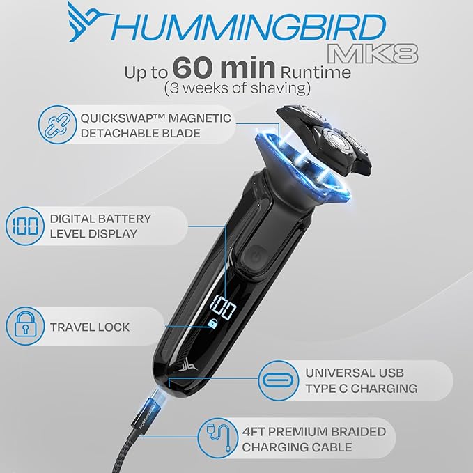 HUMMINGBIRD MK8 Premium Rotary Face Shaver, Rechargeable Wet & Dry Electric Shaver with Pop-up Trimmer, Electric Razor for Men, Waterproof, Cordless USB-C Rechargeable, LED Display, Travel Case