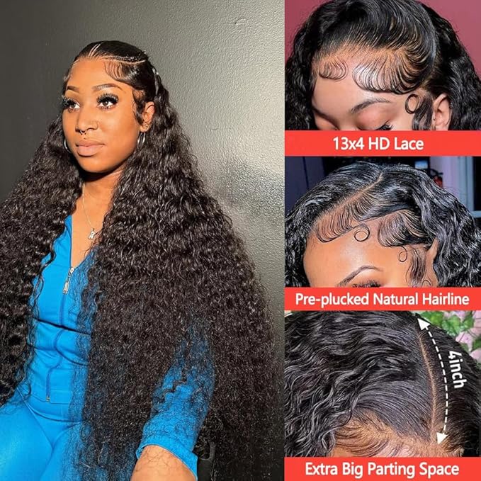13x6 Deep Wave Lace Front Wigs Human Hair 200% Density 13x6 Lace Frontal Wigs Human Hair Natural Black Deep Curly Glueless Wig Human Hair Pre Plucked with Baby Hair(34 Inch)