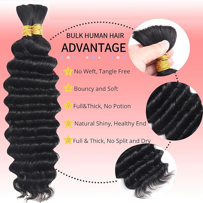 Human Braiding Hair for Boho Braids Deep Wave Bulk Human Hair for Braiding 12A No Weft Curly Human Hair Extensions Wet and Wavy Boho Hair 2 Bundles/Pack Natural Color (16 Inch)