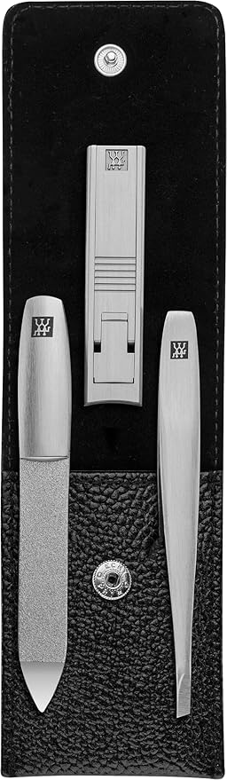 ZWILLING TWINOX Manicure Pedicure Set 3-Piece Made of 100% Cowhide with Push Button Closure, Black