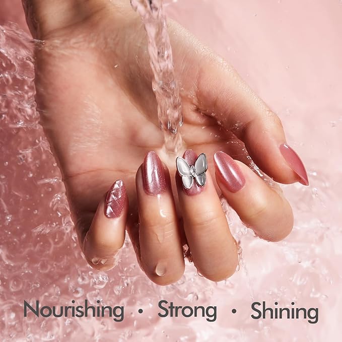 VSALON Short Almond Press-On Nails - Pink Cat Eye 3D Chrome Design, Reusable Fake Nails with Nail Glue, Protector Cuticle Oil, Easy Tabs & Mini Nail File - 32 PCS in 16 Sizes (Belle Ailes)