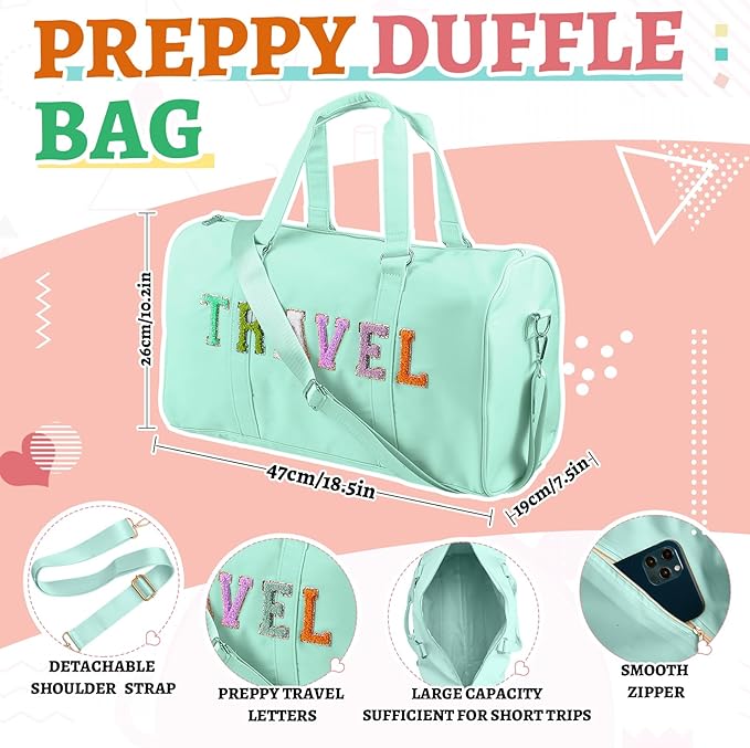 2 Pcs Preppy Chenille Letter Duffle Bag and Makeup Pouch, Travel Tote Bag Cosmetic Zipper Patch Makeup Bag (Mint Green)