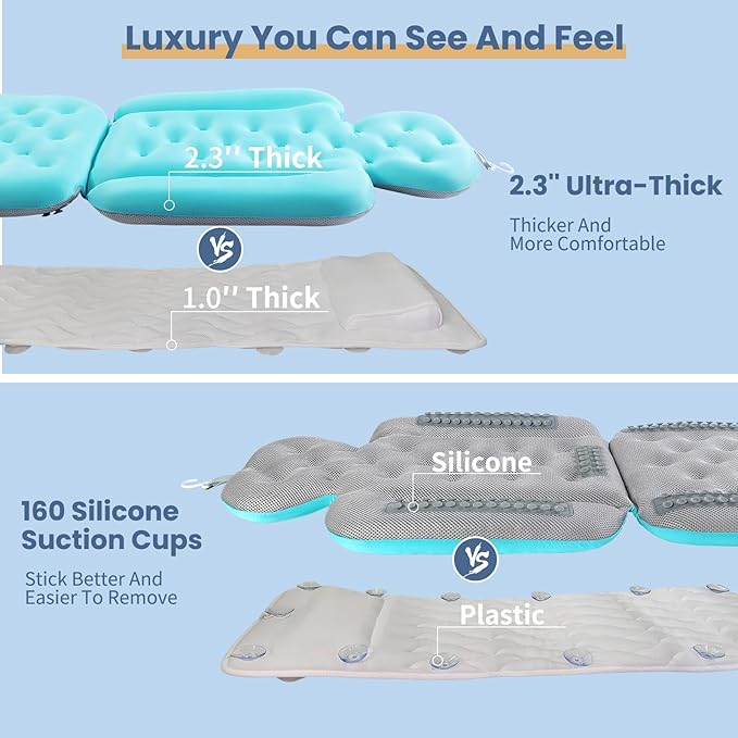Luxury Bath Cushion, Full Body Bathtub Pillow with 160 Suction Cups, Bath Mat for Head and Neck Support, with Laundry Bag (Blue, 56.2" x 16.2")
