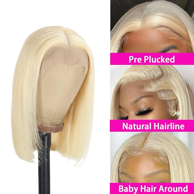 613 Blonde Bob Wig Human Hair 13X4 HD Transparent 613 Lace Front Wig Human Hair for Women 180% Density Frontal Wigs Pre Plucked with Baby Hair Glueless Straight 613 Bob Wigs 16 inch