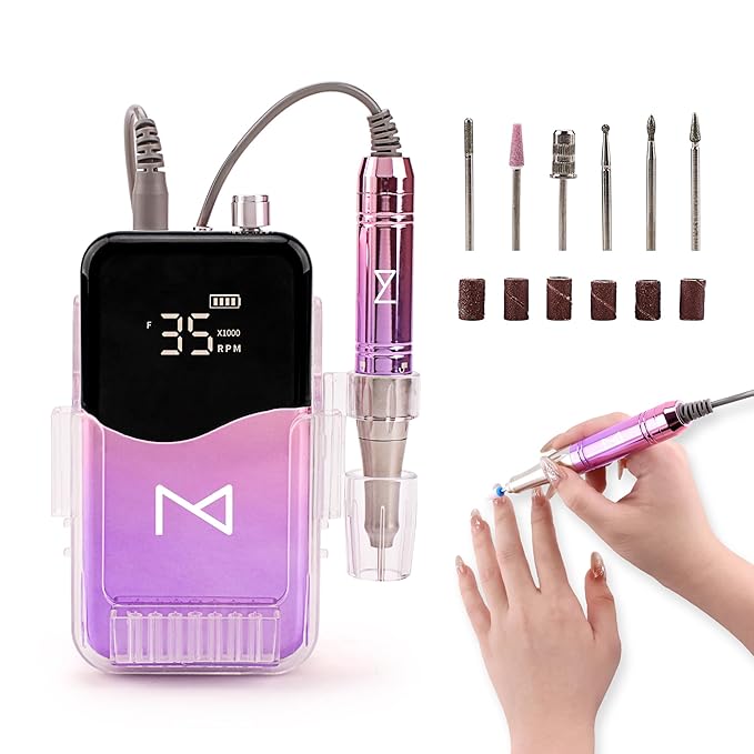 M Mase- Professional Nail Drill Machine - 2-in-1 Nail File - Cordless, 35000 RPM, HD Display - Gift for Her - Electric Nail Drill for Professional & Home Use (Gold)