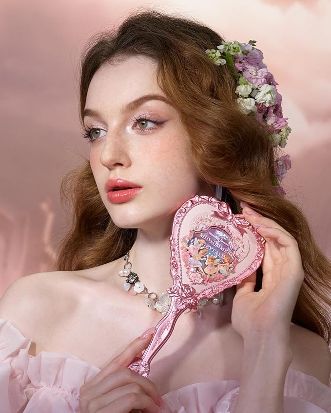 Flower Knows Midsummer Fairytales Hand Mirror,Portable Vintage Handheld Mirror,Durable Metal Mirror,Cute & Aesthetic Princess Mirror,with Long Handle for Easy Holding,Gift for Girls(White Vanilla)