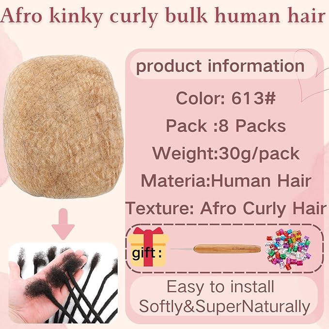 Afro Kinkys Bulk Human Hair for Dreadlock Extensions,Repair Locs, Twists and Braids, 8 Packs 240 Gram Each Package Afro Kinky Bulk 100% Human Hair for Locs (Blonde, 8inch)