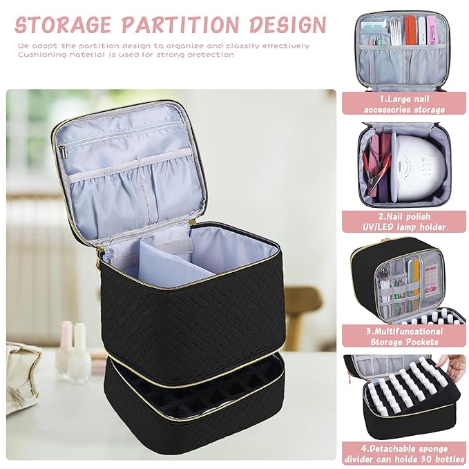 Nail Polish Carrying Case Bag-Holds 30 Bottles, Double-Layer Nail Polish Storage and Nail Dryer Case