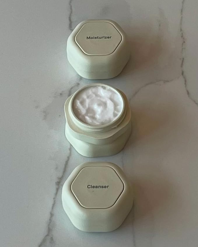 Cadence Travel Containers - Basic Skincare Set - Magnetic Travel Capsules - For Facial Cleanser, Moisturizer, Sunscreen - 3 Small Capsules (0.56oz) with Cleanser, Moisturizer & Sun-Icon Labels - Sand