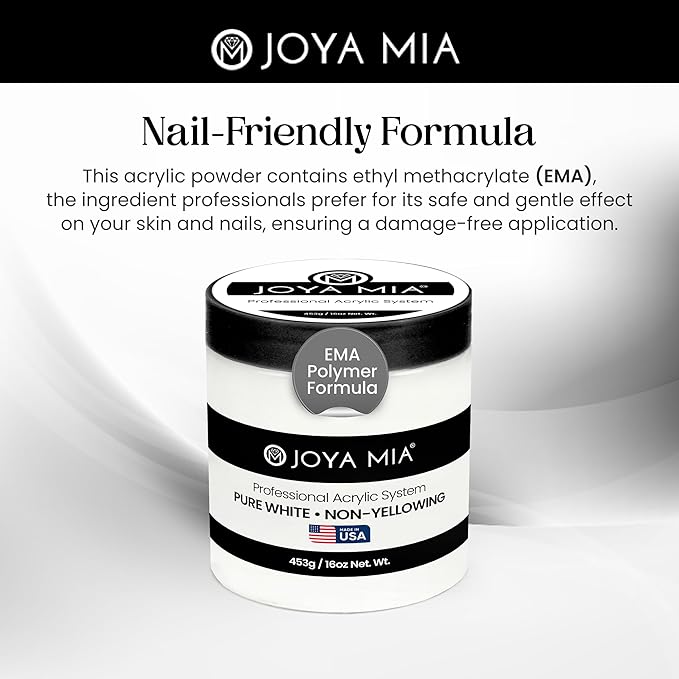 Joya Mia Acrylic Powder for Nails, MMA-Free, Super Adhesion Professional Powder for Flawless & Long-Lasting Nail Enhancements, Easy Application, Vibrant & Stunning Colors - Pure White, 16 oz