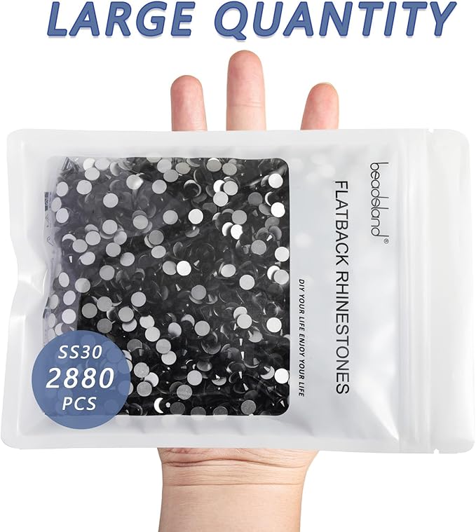 Beadsland Flatback Rhinestones Bulk,2880pcs Black Rhinestones for Nails Crafts Clothes DIY Decoration, Jet Black, SS30, 6.3-6.5mm