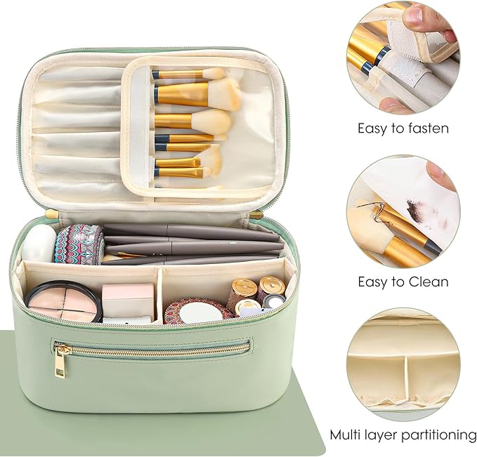 Travel Makeup Bag Organizer, Large Capacity Cosmetic Pouch for Women, Waterproof Make Up with Divider, Clamshell Makeup Case Make Up Bag with Handle and Metal Zipper, Travel Essentials Green