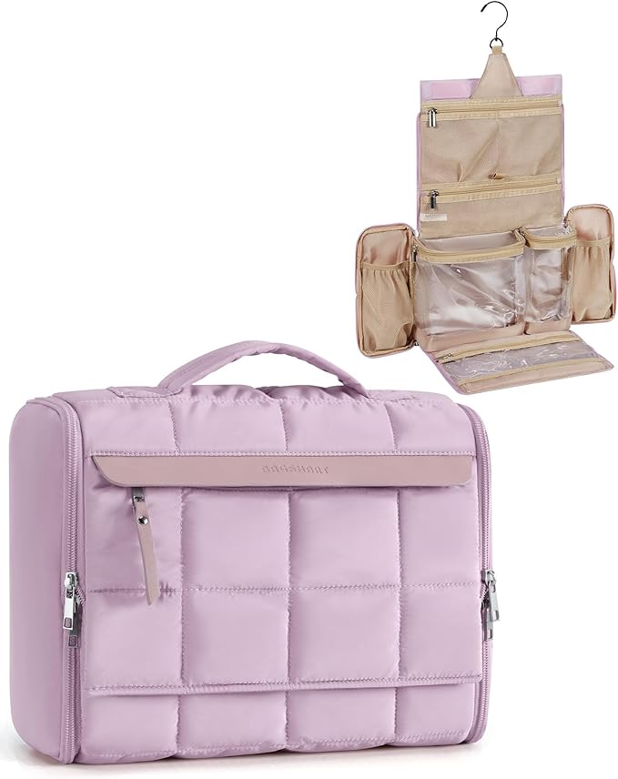 BAGSMART Travel Toiletry Bag, Extra Large Full-open Hanging Toiletry Bag for Women, Puffy Cosmetic Makeup Bag Organizer with Handle for Accessories, Essentials, Toiletries (Purple)