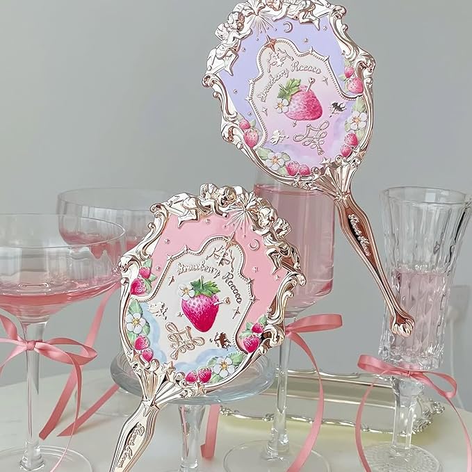 Flower Knows Strawberry Rococo Hand Mirror,Portable Vintage Handheld Mirror,Durable Metal Mirror,Cute & Aesthetic Princess Mirror,with Long Handle for Easy Holding,Gift for Girls(Wisteria Purple)