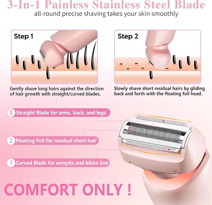 Electric Razors Shaver for Women, 2-in-1 Womens Electric Razor for Leg Arm Face, Cordless Bikini Trimmer Hair Removal for Women with Detachable Head, Painless,IPX7 Waterproof,Wet & Dry,Pink