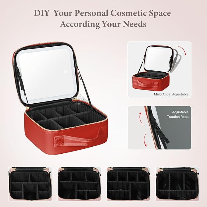 Travel Makeup Bag with LED Lighted Mirror, Cosmetic Makeup Organizer Bag with 3 Color Setting, Makeup Train Case with Adjustable Dividers for Women Makeup Brushes Jewelry Accessories