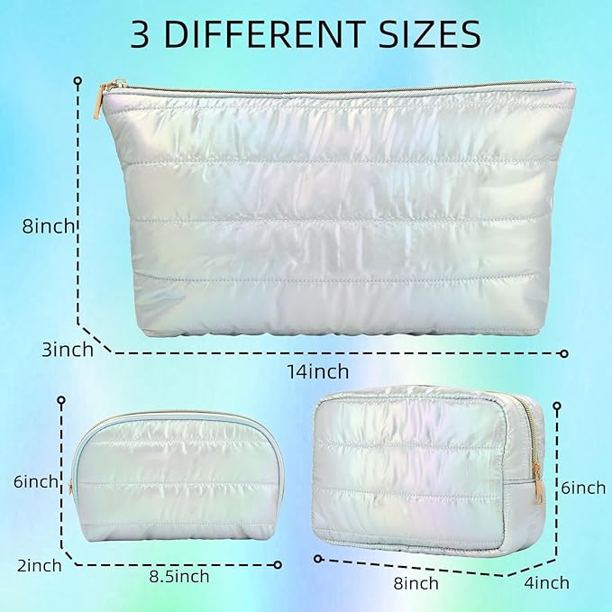 Hiroyuki 3pcs Iridescent Quilted Makeup Bag (plain, cyan)