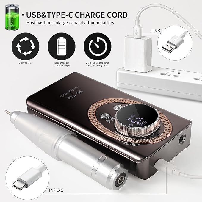 LimeGirl Electric Nail File for Acrylic Nail Kit, 45000RPM Nail Drill Professional Manicure Pedicure Set with Nail Drill Bits, Efile Nail Drill Rechargeable, 2024 Upgraded Drill para uñas (Black)