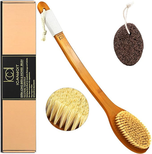 ICANdOIT-19.68Inch Natural Stiff Sisal Bristles Anti-Slip Extra Long Handle Bath Brush,Bent Handle Shower Scrubber for Exfoliating,Shower Back Brush,Exfoliation Set with Pumice Stone(1 Pack)