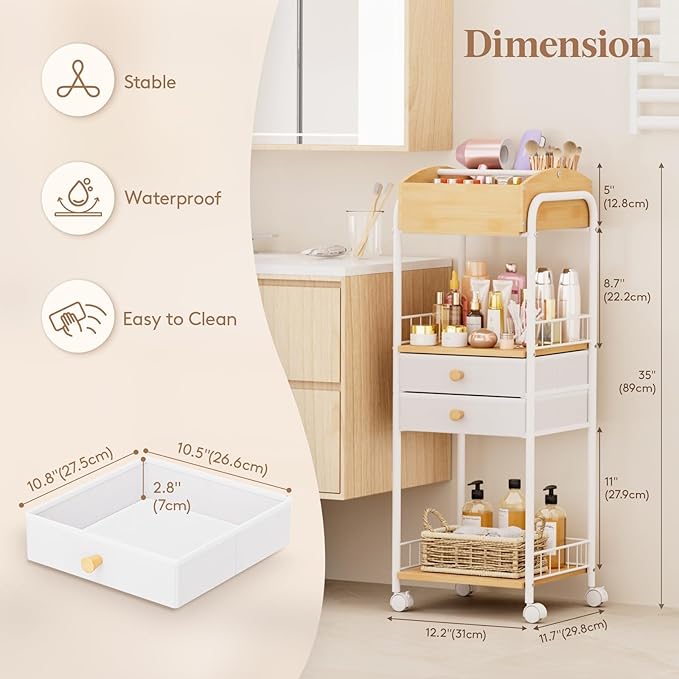 Lifewit Floor Makeup Organizer Storage Cart with Drawers and Wheels, Skincare Cosmetics Organizers with Removable Top Tray, Vanity Organizer for Nail Polish Perfume Makeup Brush, Ideal Gift, White
