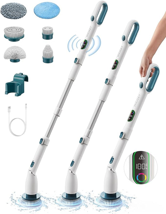 HiCOZY Electric Spin Scrubber HS1 Pro, Shower Scrubber with 2024 New Upgraded Voice Prompt LED Smart Display, Cleaning Brush with 4 Adjustable Speeds, 6 Replaceable Brush Heads Malachite Green