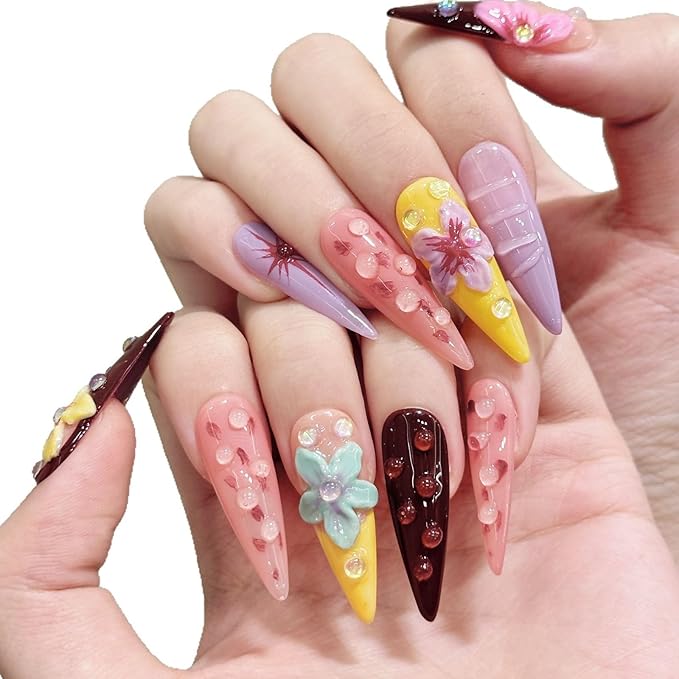 Press on Nails Handmade Nails 3D Press on Nails Short Medium Oval Almond Nails Fake Nails Glitter Cat Eye Nails Gel Nails Durable Reusable False Nails 10 Pcs (Devil's Flower, S)