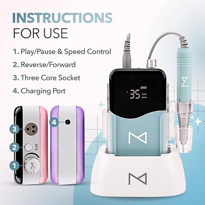 M Mase- Professional Nail Drill Machine - 2-in-1 Nail File - Cordless, 35000 RPM, HD Display - Gift for Her - Electric Nail Drill for Professional & Home Use (Teal)