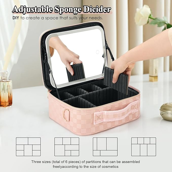 Travel Makeup Bag With LED Mirror - 3 Color Setting Cosmetic Box Organizer Vanity Case for Women Beauty Tools Accessories - Rechargeable (Pink, Middle)