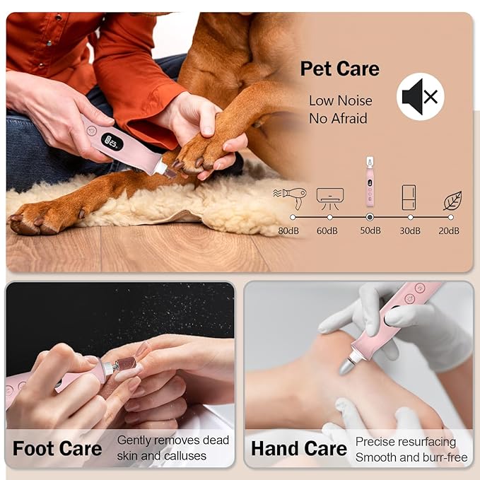 Cordless Electric Nail File Set, 10 Speeds Professional Manicure Pedicure Kit with LED Light & LCD Screen, Portable Nail Drill for Natural & Acrylic Nails, Human & Pet Thick Toenails (Pink)