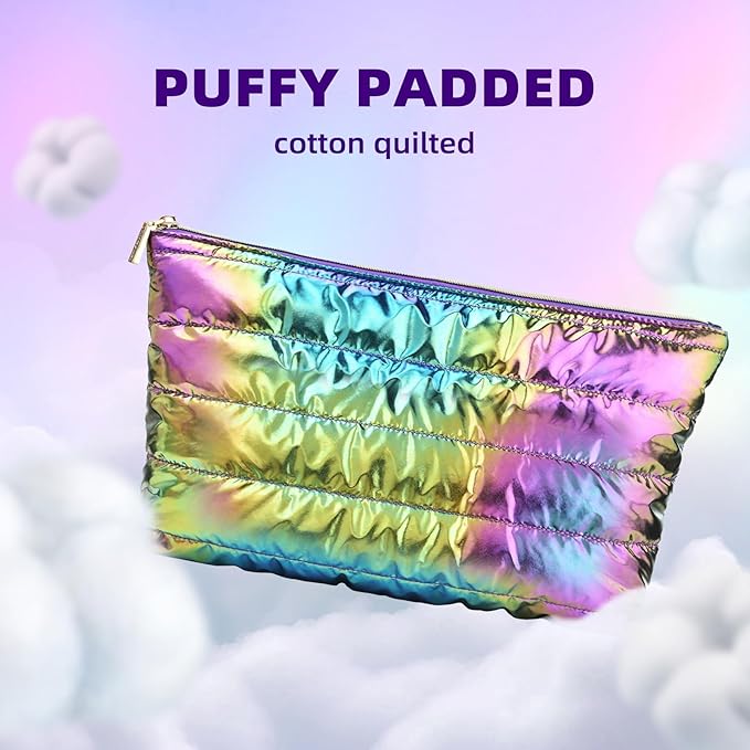 Hiroyuki 3pcs Iridescent Quilted Makeup Bag (plain, rainbow)