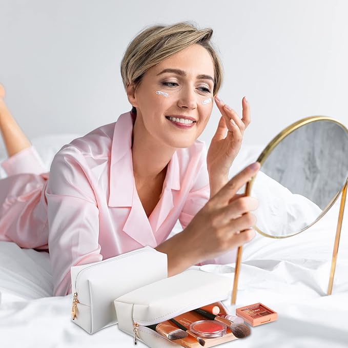 Sanwuta 9 Pcs Preppy Makeup Bag PU Leather Cosmetic Bag Makeup Pouch Plain Waterproof Toiletry Organizers for Traveling Preppy Travel Purse End of the Year Teacher Gifts Bulk(White)