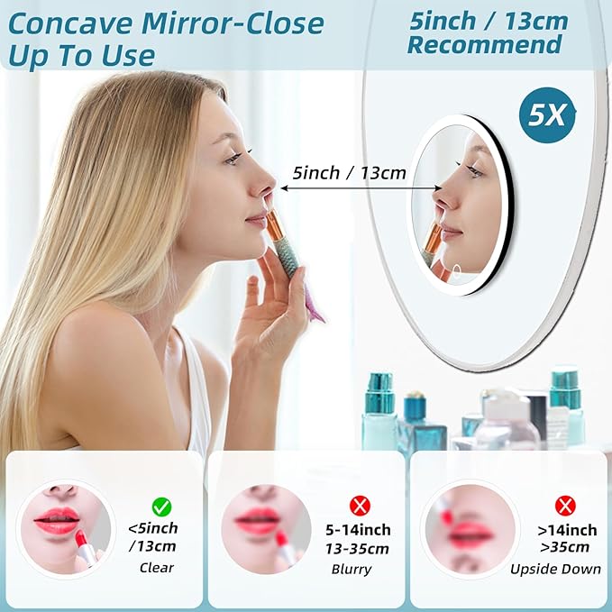 5x Lighted Magnifying Mirror with Suction Cups, Large 6'' Magnified Mirror with Light High Magnification Travel Makeup Mirror, Rechargeable Battery, 3 Colors Dimming Light, with Tweezers &Scissors