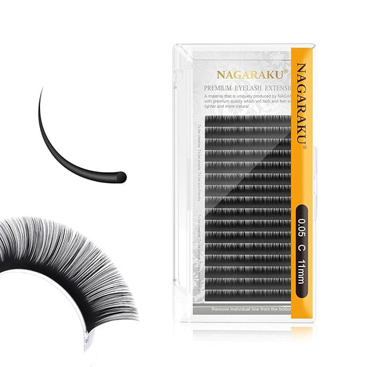 NAGARAKU Eyelash Extensions Individual Lashes 0.05mm C curl 11mm Classic Super Matte Black Soft Natural Faux Mink 16 rows Stable curl