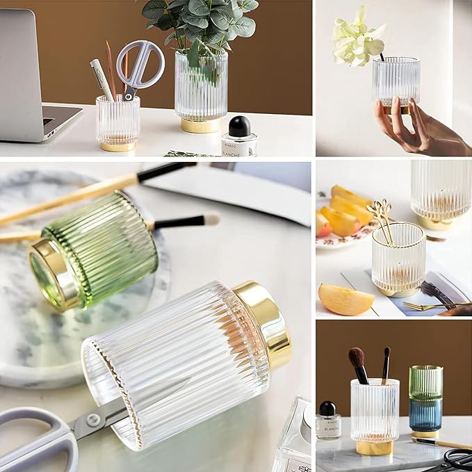 DASITON Makeup Brush holder Organizer,Crystal Cosmetic Makeup Brush Glass Brushes Storage Holder, Vintage Make Up Brush Cup Pen Pencil Holder striped vase(Clear S)
