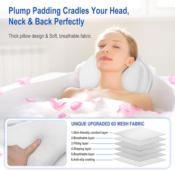 Full Body Bath Pillow for Bathtub, Thick Bathtub Cushion for Soaking Tub with Laundry Bag, Bathtub Accessories Bathtub Pillow Luxury Bathtub Pillows for Head,Neck & Back (White)