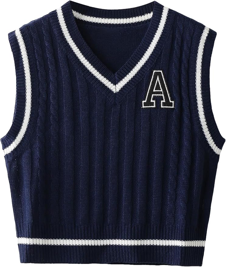 Floerns Women's V Neck Letter Striped Trim Sleeveless Sweater Vest Knit Top