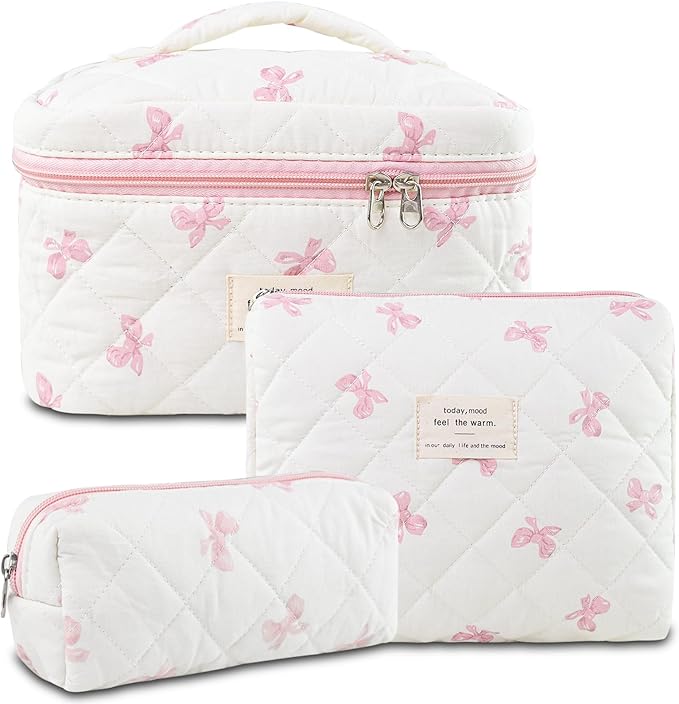 3Pcs Makeup Bag Cotton Quilted Travel Cosmetic Bag Cute Floral Makeup Pouch Large Toiletry Bag for Women Girls (Bow-Pink)