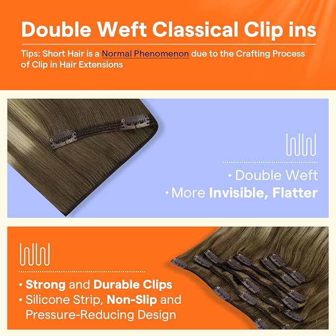 Full Shine Ombre Clip in Hair Extensions 20 Inch Chestnut Brown to Brown Mix Blonde Real Human Hair Extensions Clip ins Double Weft Instant Length Clip in Hair Extensions Remy Hair