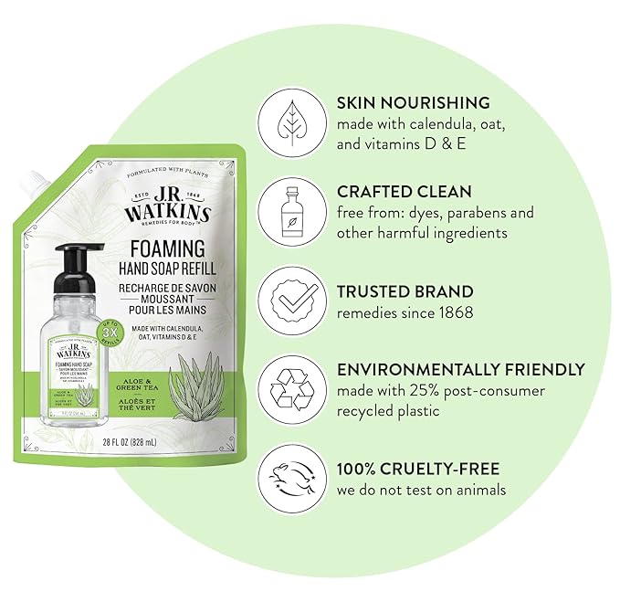 J.R. Watkins Foaming Hand Soap Refill, Moisturizing Foam Hand Wash, All Natural, Alcohol-Free, Cruelty-Free, USA Made, Aloe Green Tea, 28 fl oz, 3 Pack