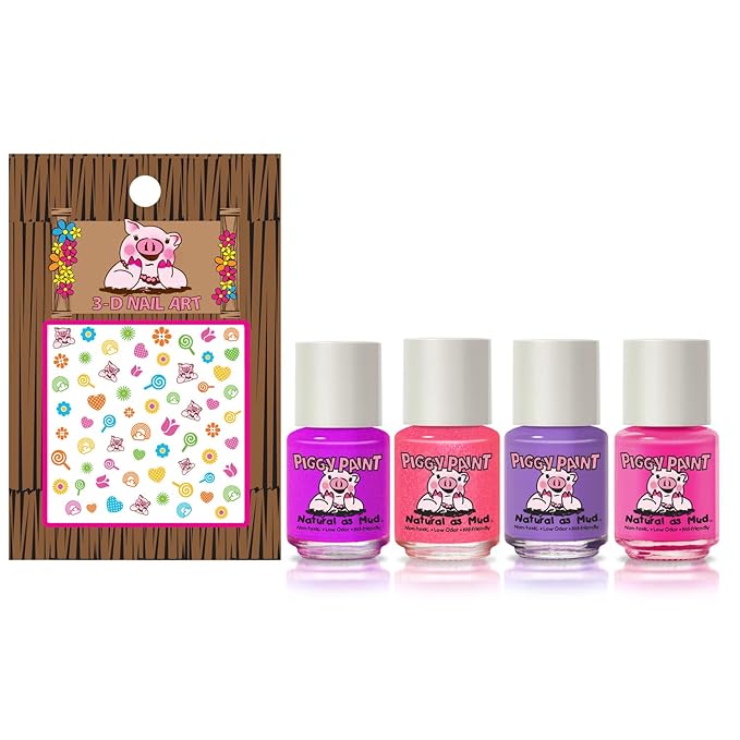 Piggy Paint | 100% Non-Toxic Girls Nail Polish | Safe, Cruelty-free, Vegan, & Low Odor for Kids | Swirls & Twirls (4 Polish + Nail Art Gift Set)
