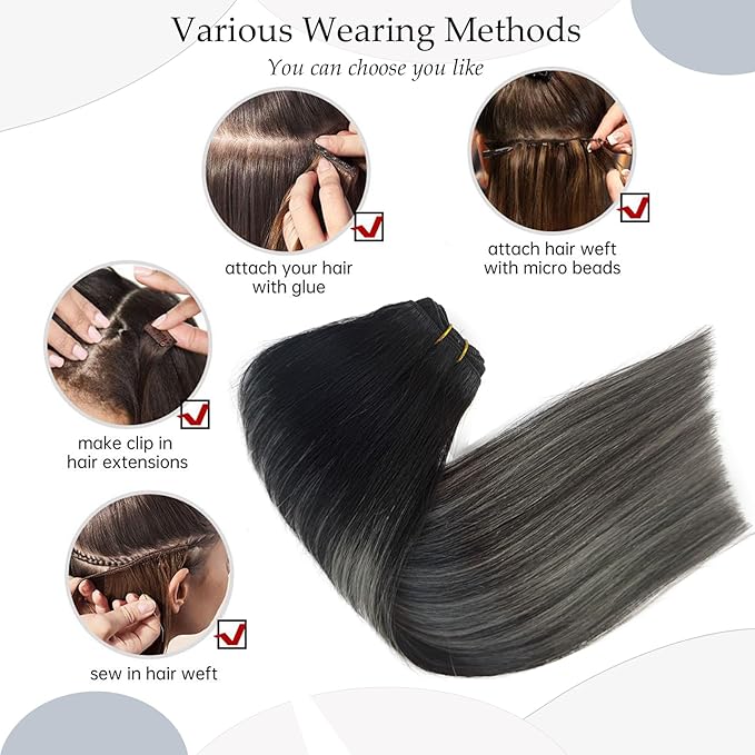Sew in Hair Extensions Real Human Hair Wefts Extensions 100G 18 Inch Ombre Natural Black Balayage Silver Grey Highlights Hand Tied Weft Hair Extensions Real Remy Human Hair Bundles Weave Extensions