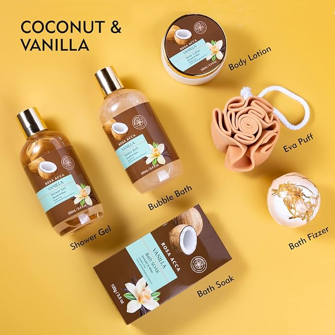 Mothers Day Gifts Spa Gift Basket for Women and Men, 7pcs Vanilla Coconut Bath and Body Self Care Set With Bath Bomb, Shower Gel, Parfume Lotion, Spa Kit, Skin Care, Birthday, Bridal Shower, Christmas