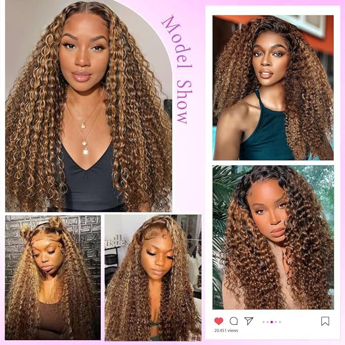 30inch Highlight Ombre Lace Front Wig Human Hair 13x6 HD Honey Blonde P4/27 Deep Wave Lace Frontal Wigs Human Hair Pre Plucked 180% Density Curly Water Wave Wigs for women