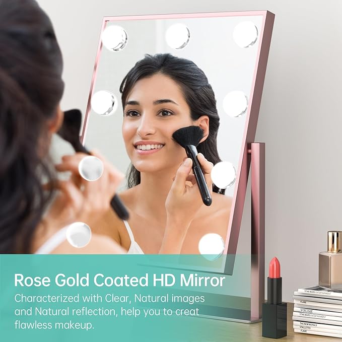 COSMIRROR Vanity Makeup Mirror with Lights, Hollywood Large Mirror with Lights, Lighted Vanity Mirror with 9 Dimmable Bulbs & 3 Color Modes,Touch Control Tabletop Makeup Mirror 360°Rotation