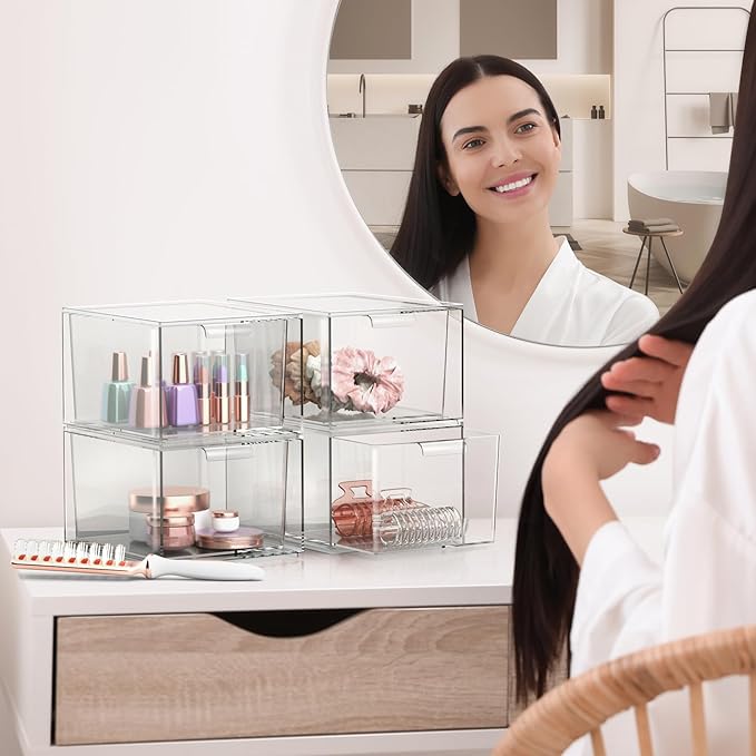 Sorbus 2 Pack Makeup Organizer - Clear Stackable Acrylic Drawer Organizer for Vanity, Bathroom, Undersink, Cabinets, Jewelry, Stationary, Plastic Storage Bins for Office Organization and Storage