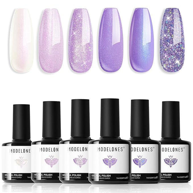 Modelones Purple Glitter Gel Nail Polish Set, 6 Colors Shimmer Violet Mermaid Gel Nail Cat Eye Sparkle Soak Off Led Nail Polish for Women Girl DIY Nail Art Gift