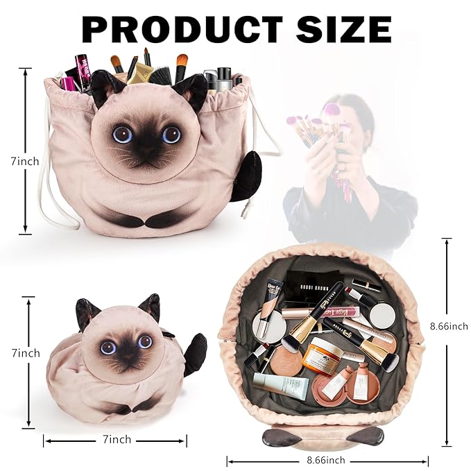 Openhaha Drawstring Makeup Organizer, Travel Cosmetic Pouch Bag, Cat Gift for Women, Lay Flat Makeup Bag Gifts for Cat Lovers (2-Pack)