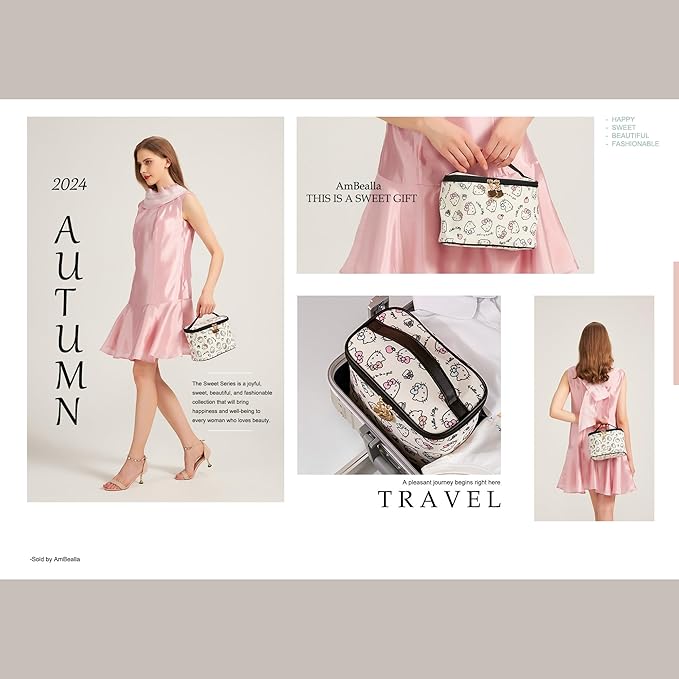 AmBealla Cosmetic Bag Large Makeup Bag Makeup Travel Case with Brush Holder, Canvas Organizer for Women, Toiletry Bag for Skincare & Beauty Tools Sweet Cute for Girls